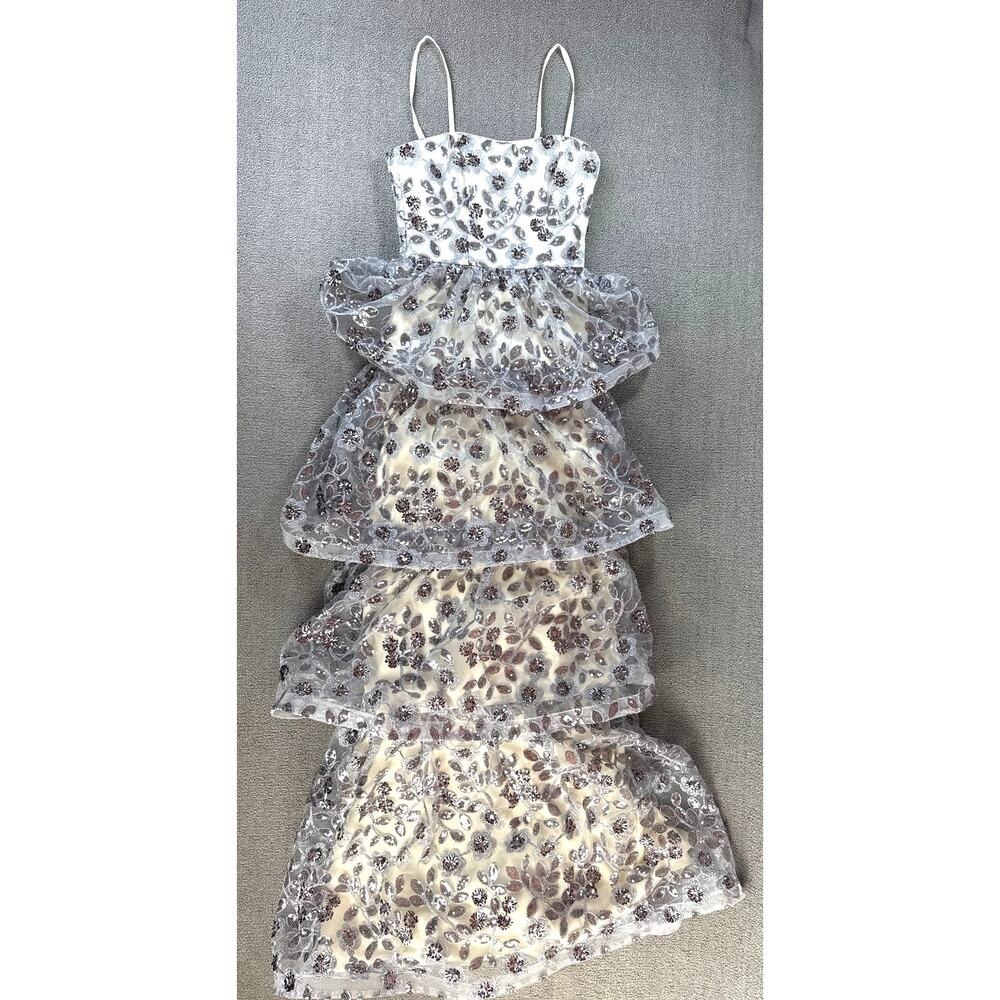 Dress The Population Dress White XS Silver Sequin Tiered Maxi Formal Gown Prom